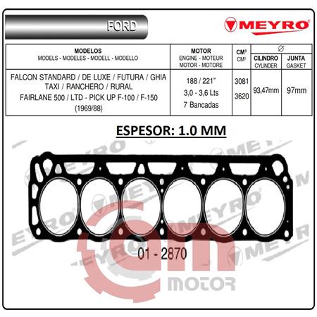 JUNTA TAPA CILINDRO FALCON F-100 FAIRLANE 6CIL 188 221 COMPETICION 1.0 MM ESPESOR