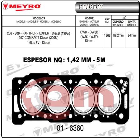 JUNTA TAPA CILINDRO 206 207 306 PARTNER EXPERT 1.9D 8V DW8 5 MUESCAS 1,42 MM